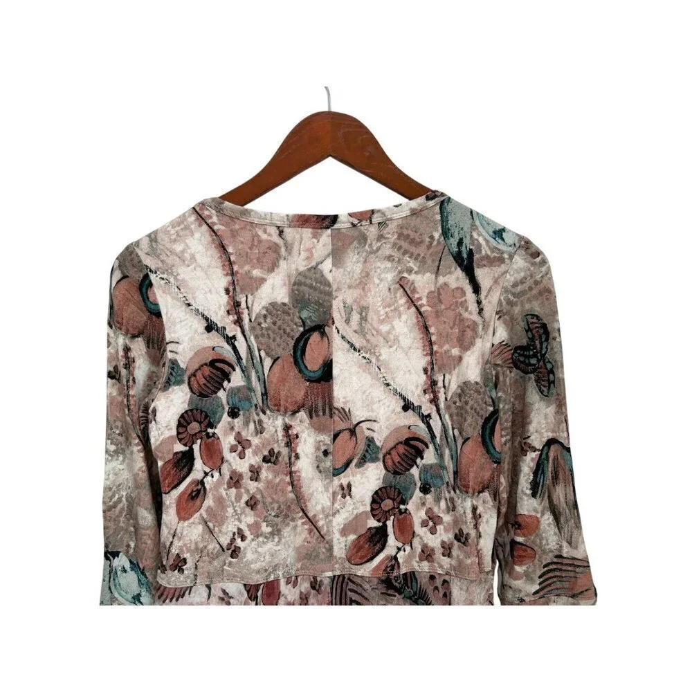 Peruvian Connection Floral Print Dress Long Sleeve Pleated Lined Bodice & 3/4 S